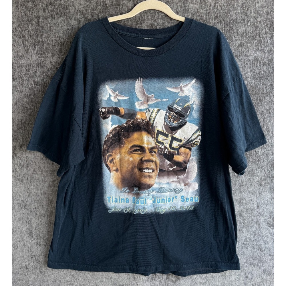 Vintage Junior Seau San Diego Chargers RIP Memorial T Shirt Mens 2XL Career Stat